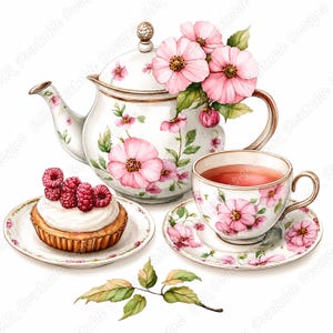 Floral Tea Party Clipart, Vintage Teapot Scrapbook, Printable Teacup Images Bundle (Digital Download)