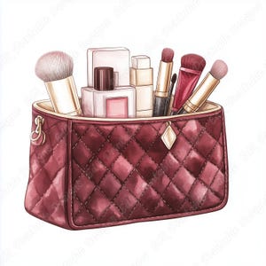 May include: A burgundy quilted makeup bag filled with various cosmetic products. The bag contains makeup brushes, lipsticks, and bottles of perfume. The bag has a gold zipper and a diamond-shaped charm.