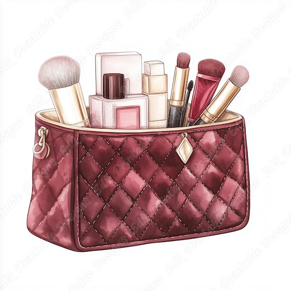 Quilted Cosmetic Bag Clip Art, Watercolor Makeup Images (Digital Download)