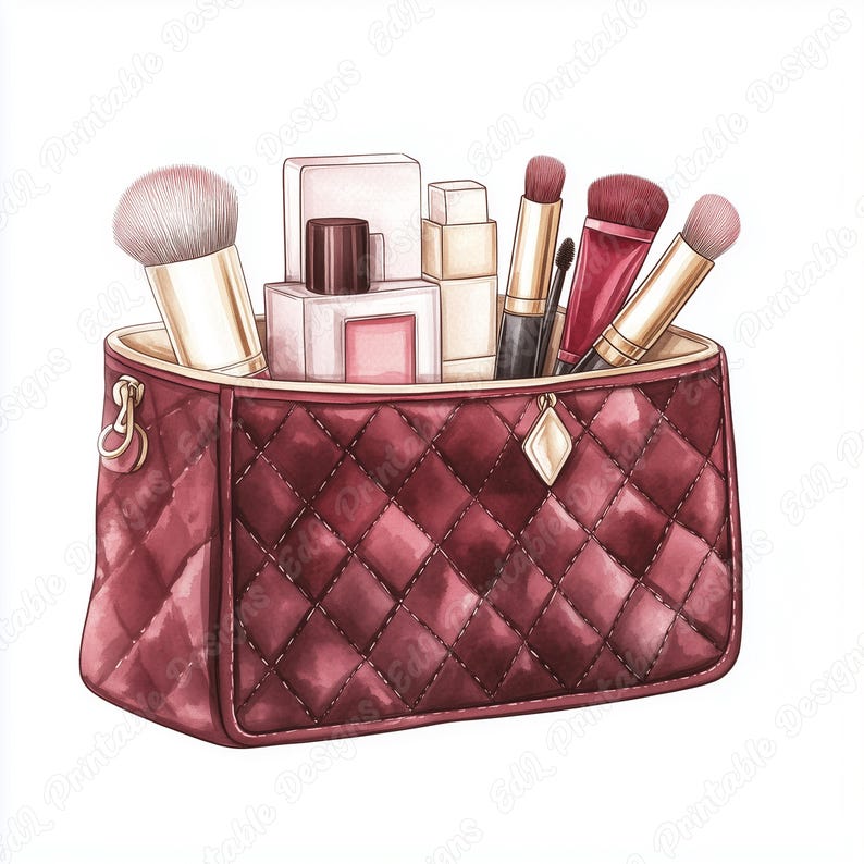 20 Quilted Cosmetic Bag Clip Art, Beauty Products Printable Images, Watercolor Makeup Bag Digital Download, Scrapbooking Paper Craft JPG Set