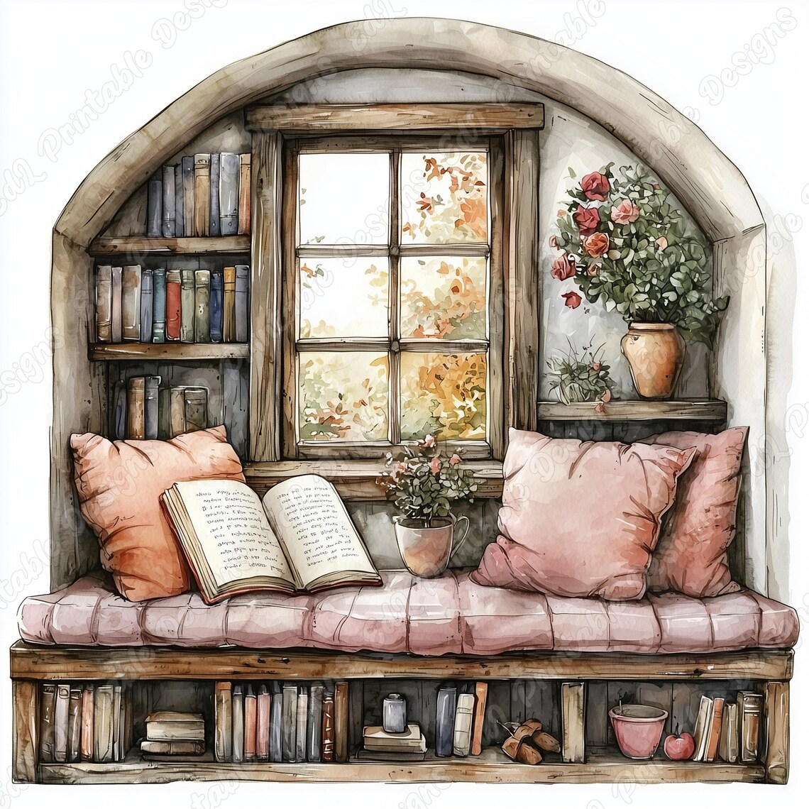 Watercolor Reading Nook Clip Art, Book Lover Scene (JPG Digital ...