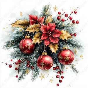 20 Bolas de Árvore de Natal Clip Art, Imagens de Bolas de Natal Vermelhas e Douradas para Imprimir, Download Digital de Enfeites de Natal, Artesanato em Papel para Scrapbooking JPG