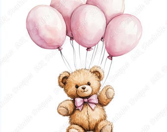 Teddy Bear with Balloons Clipart, Nursery Wall Decor, Baby Shower JPG Bundle (Digital Download)
