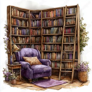 20 Cozy Reading Nook Clipart, Watercolor Bookshelf Printable Images, Book Lover Digital Download, Library Scene Scrapbooking Paper Craft JPG