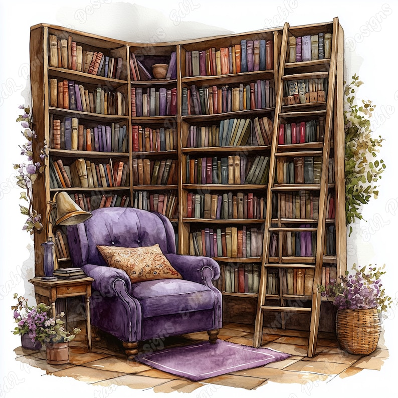 20 Cozy Reading Nook Clipart, Watercolor Bookshelf Printable Images, Book Lover Digital Download, Library Scene Scrapbooking Paper Craft JPG
