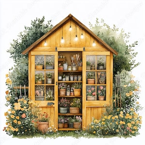 20 Gartenschuppen Clip Art, Bauernhaus Schuppen druckbare Bilder, Garten Hütte Digitaler Download, Blumengarten Scheune Scrapbooking Papierfertigkeit JPG Set