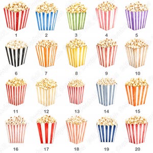 20 Watercolor Popcorn Box Clip Art, Movie Night Printable Image, Digital Download, Popcorn Box illustration Scrapbooking Paper Craft JPG Set.