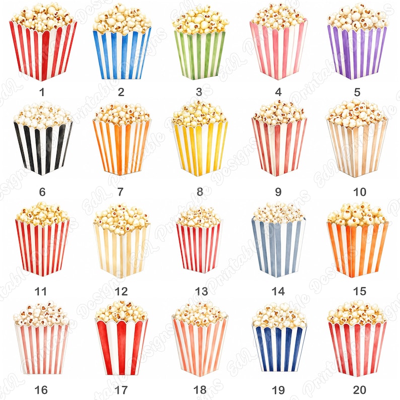 20 Watercolor Popcorn Box Clip Art, Movie Night Printable Image, Digital Download, Popcorn Box illustration Scrapbooking Paper Craft JPG Set.