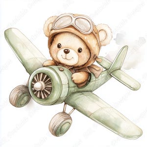 20 Pilot Teddy Bear Clip Art, Watercolor Aviator Bear Printable Image, Digital Download, Baby Boy And Girl Scrapbooking Paper Crafts JPG Set