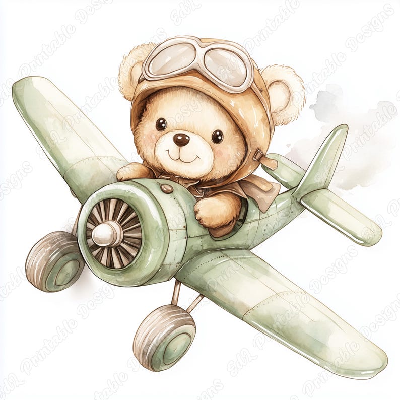 20 Pilot Teddy Bear Clip Art, Watercolor Aviator Bear Printable Image, Digital Download, Baby Boy And Girl Scrapbooking Paper Crafts JPG Set
