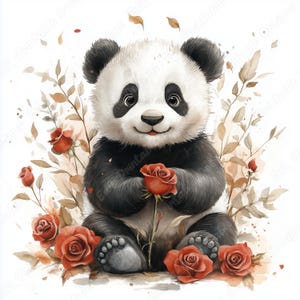 20 aquarel panda-illustraties, afdrukbare afbeelding Happy Baby Panda, panda met bloem digitale download, schattige dieren Scrapbooking Paper Craft JPG