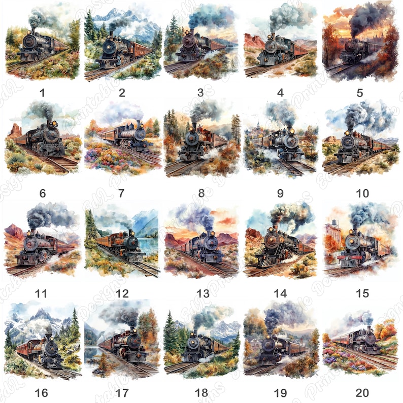20 Vintage Steam Train Clip Art, Old Train Printable Images, Nostalgic Train Digital Download, Antique Railway Scrapbooking Paper Crafts JPG