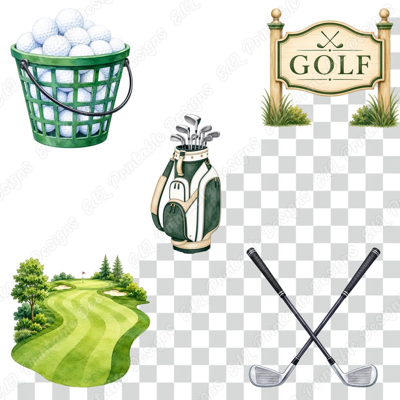 Golf Watercolor PNG Clipart, Printable Golf Birthday Images, Sports Party Digital Download, Fathers Day Scrapbooking Paper Crafts Bundle