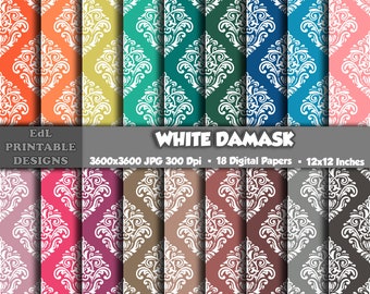 White Damask Digital Paper, Rustic Printable Background, Royal Scrapbook Papers, Vintage 12x12 Papers, Victorian Seamless Pattern Set Of 18