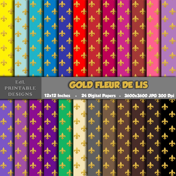 Gold Fleur De Lis Digital Paper, Chic Glitter Printable Background, French Symbol Scrapbook Papers, 12x12 Paper, Seamless Pattern Set Of 24