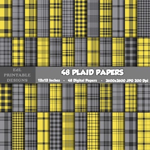 May include: A collection of 48 digital plaid papers in various patterns. The designs feature yellow, gray, and black color schemes. The text on the image reads "48 PLAID PAPERS" and "12x12 Inches".