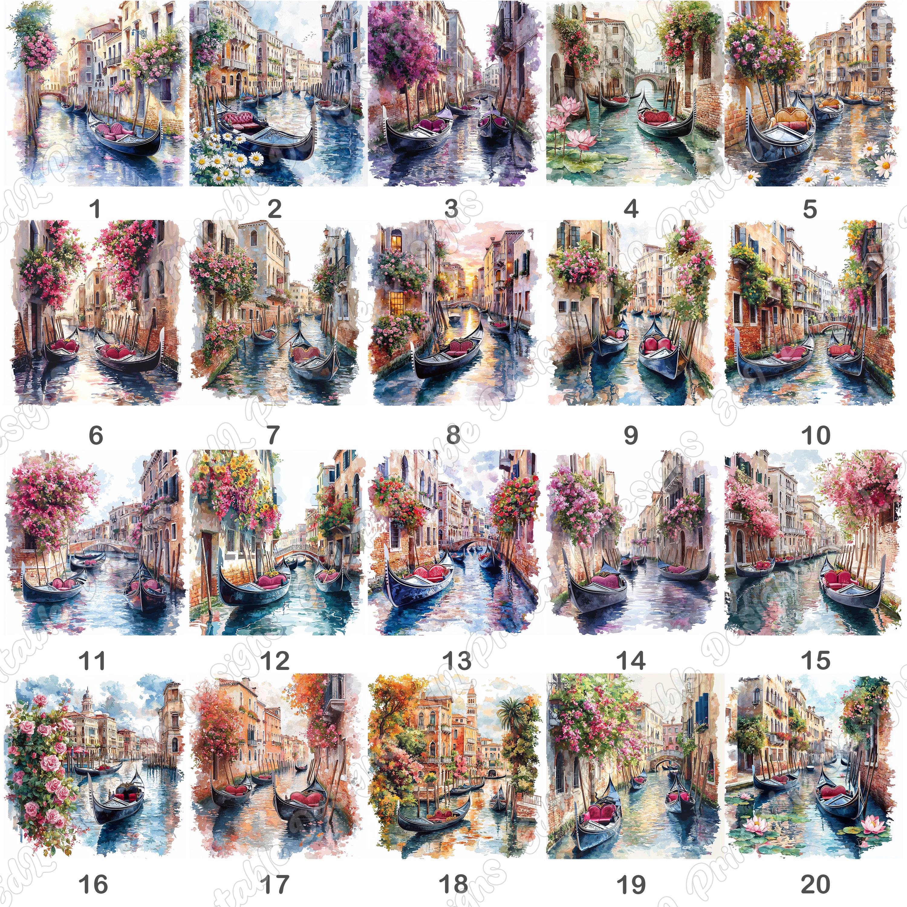 ヴェネツィアのゴンドラの水彩画クリップアート、ロマンチックな運河の