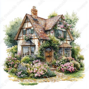 20 Cottage House With Flowers Clip Art, Country Side Home Printable Images, Digital Download, Stone House Scrapbooking Paper Crafts JPG Set
