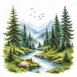Clipart de paisagem lacustre em aquarela, imagens de cenários florestais, vistas da natureza fluvial para imprimir (download digital)
