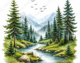 Aquarell-Seelandschafts-Cliparts, Waldlandschaftsbilder, druckbare Flusslandschaften (Digitaler Download)