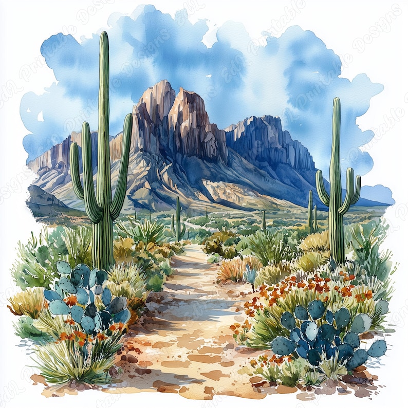 20 Watercolor Desert Clip Art, Desert Landscape Printable Images, Desert Mountain And Cactus Digital Download, Scrapbooking Paper Crafts JPG
