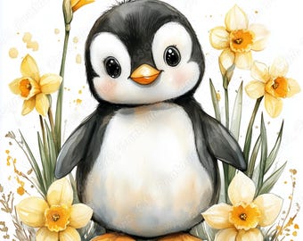 Watercolor Baby Penguin Clipart, Arctic Animal with Flowers Scrapbook Illustration (Digital Download)