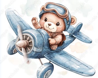 20 Pilot Teddy Bear Clip Art, Watercolor Aviator Bear Printable Image, Digital Download, Baby Boy And Girl Scrapbooking Paper Crafts JPG Set