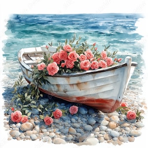 20 oude boot en zeegezicht illustraties, romantische bloemen roeiboot afdrukbare afbeelding, kano met bloem digitale download, scrapbooking papier ambachtelijke JPG