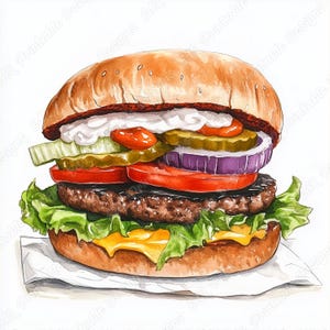 20 Watercolor Burger Clip Art, Cheeseburger Printable Image, Fast Food Digital Download, Tasty Hamburger Scrapbooking Paper Craft JPG Bundle