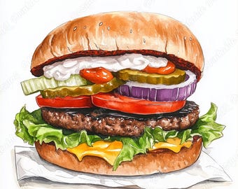 Clipart aquarelle de hamburger, illustration de hamburger au fromage, lot de restauration rapide JPG (téléchargement numérique)