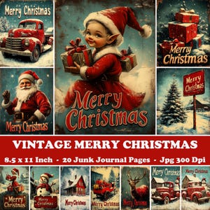 Diario basura vintage con motivos navideños, efímeras navideñas de estilo shabby chic, hoja de collage navideño grunge imprimible, 20 adornos navideños desgastados para la pared