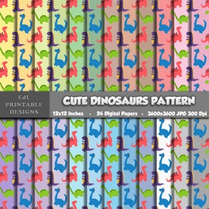 Cute Dinosaurs Pattern Digital Paper, Jurassic Printable Background, Baby Dino Scrapbook, 12x12 Animal Nursery Papers, Seamless Set Of 24