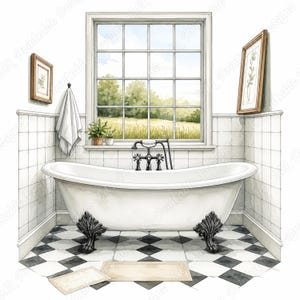 Vintage Bathroom Clipart, Watercolor Victorian Bathtub, Shabby Chic Decor Images (Digital Download)