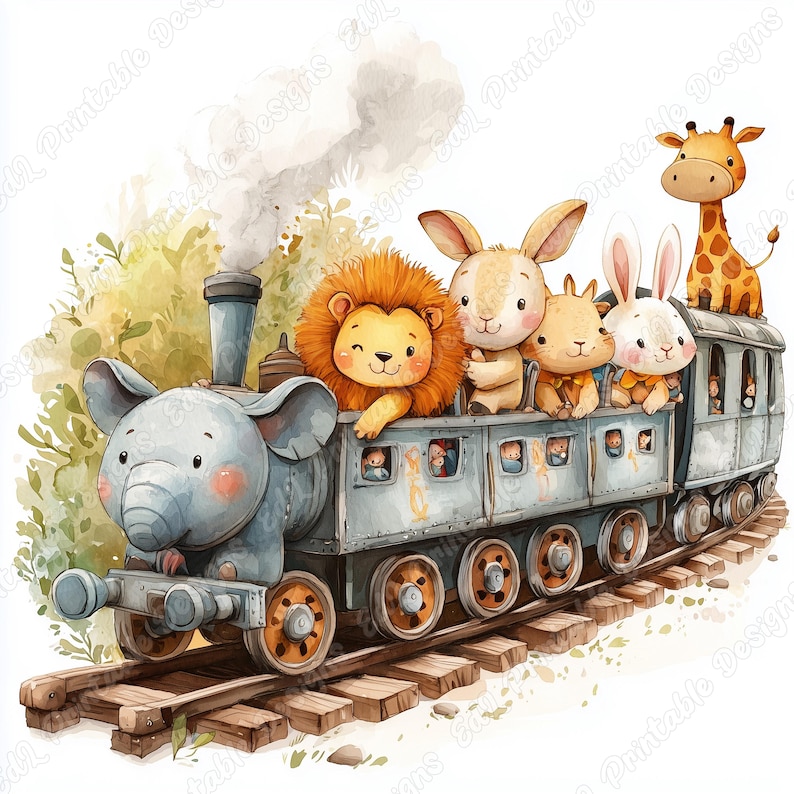 20 Cute Animals Train Clip Art, Safari Animals Train Printable Images, Jungle Animals Digital Download, Nursery Scrapbooking Paper Craft JPG