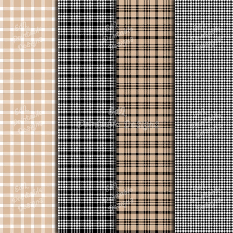 Beige and Black Buffalo Plaid Digital Paper, Printable Tartan Background Papers, Lumberjack Scrapbook Papers, Seamless Gingham Set Of 24