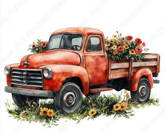 Watercolor Floral Truck Clip Art, Vintage Pickup JPG Bundle (Digital Download)
