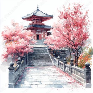 20 Japanese Temple Clip Art, Asian Architecture Printable Images, Digital Download, Watercolor Landscape Scrapbooking Paper Craft JPG Bundle