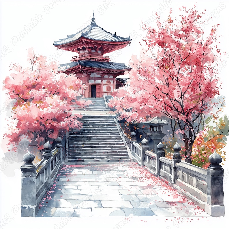 20 Japanese Temple Clip Art, Asian Architecture Printable Images, Digital Download, Watercolor Landscape Scrapbooking Paper Craft JPG Bundle