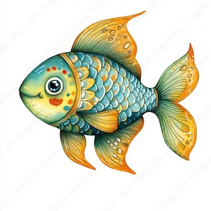 水彩画の魚のクリップアート20点、海の動物の印刷可能な画像、カラフルな魚のデジタルダウンロード、水槽の魚のスクラップブックペーパークラフトJPGバンドル