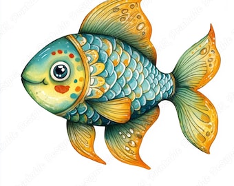 水彩画の魚のクリップアート、海の動物、スクラップブック用紙（JPGバンドル）