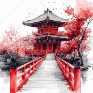 20 Japanese Temple Clip Art, Asian Architecture Printable Images, Digital Download, Watercolor Landscape Scrapbooking Paper Craft JPG Bundle