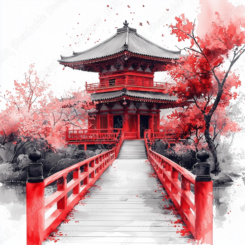 20 Japanese Temple Clip Art, Asian Architecture Printable Images, Digital Download, Watercolor Landscape Scrapbooking Paper Craft JPG Bundle