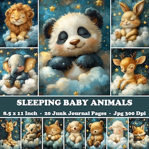 Páginas de diario basura con animales bebés durmiendo, papel efímero con animales para guardería, fondo de decoración para niños con acuarela, juego de 20 hojas de collage para baby shower