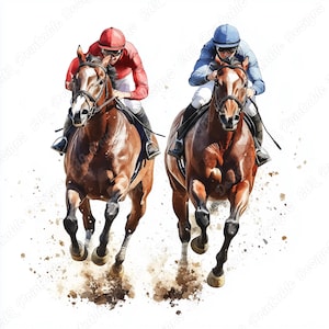 20 Horse Racing Clip Art, Horse Race Jockey Printable Images, Watercolor Racehorse Digital Download, Equestrian Scrapbooking Paper Craft JPG
