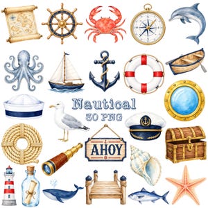 Nautical PNG Clipart, Printable Sea Life Images, Coastal Elements Watercolor Sailor Bundle (Digital Download)