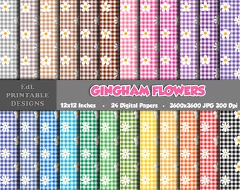 ギンガムフラワー デジタルペーパー、12x12 スクラップブックプリント（24枚セット）（デジタルダウンロード）