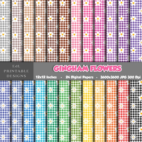Gingham Flowers Digital Paper, Summer Floral Printable Background, Scrapbook Papers, 12x12 Paper, Seamless Kitchen Print Pattern Set Of 24