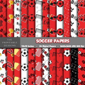 Carta digitale da calcio, sfondo stampabile da calcio, carta per scrapbooking con pallone da calcio rosso, carte da 12x12, set di motivi a tema sportivo senza soluzione di continuità