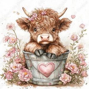 20 Valentines Day Highland Cow Clip Art, Highland Calf Printable Images, Baby Farm Animal Digital Download, Scrapbooking Paper Craft JPG Set