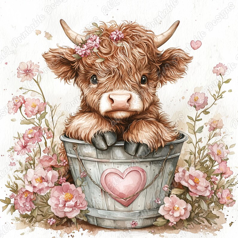 20 Valentines Day Highland Cow Clip Art, Highland Calf Printable Images, Baby Farm Animal Digital Download, Scrapbooking Paper Craft JPG Set